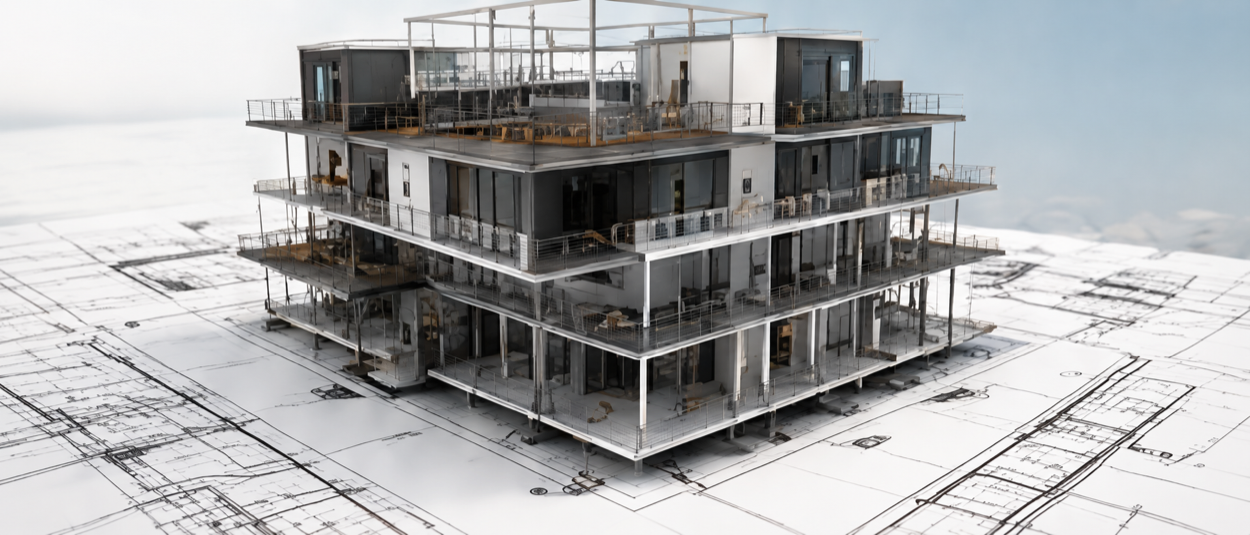 Architectural building model on construction drawings