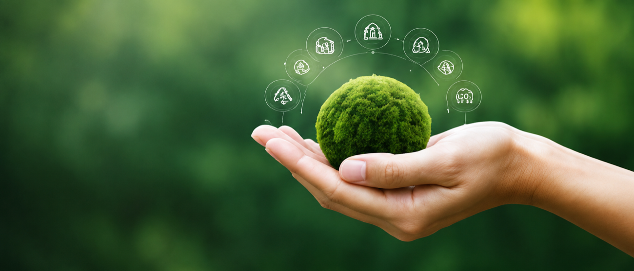 Hand holding a green model of the earth
